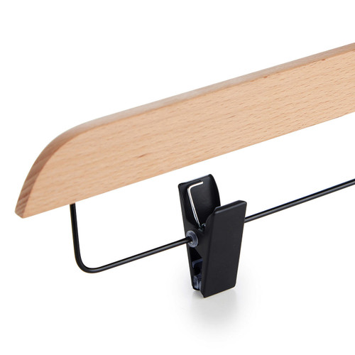 Natural Beech Wood Ultra-Slim Straight Trouser Hangers with Black Hook & Clips