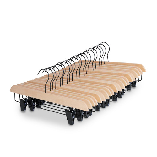 Natural Beech Wood Ultra-Slim Straight Trouser Hangers with Black Hook & Clips