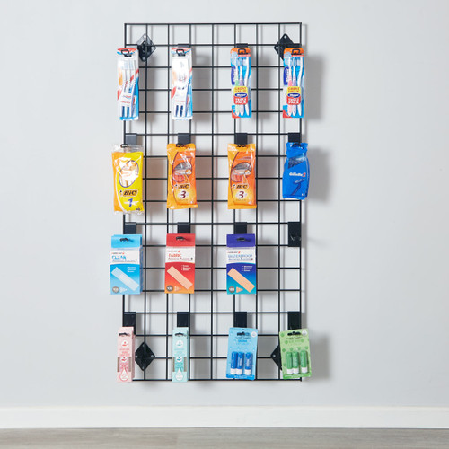 Black 4ft Wall-Mounted Grid Mesh Display with 16 x Euro Hooks