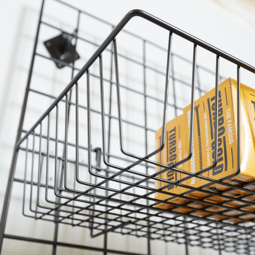 Black 6ft Wall-Mounted Grid Mesh Display with 4 x Wire Baskets, 4 x Euro Hooks