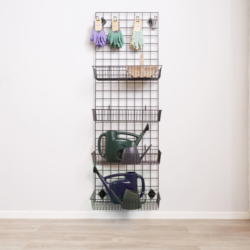 Black 6ft Wall-Mounted Grid Mesh Display with 4 x Wire Baskets, 4 x Euro Hooks