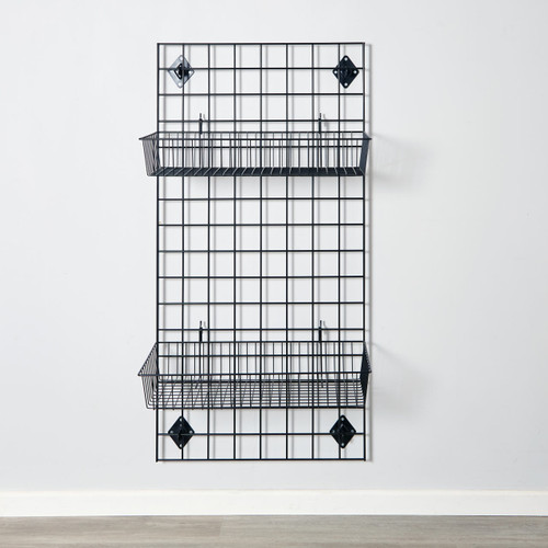 Black 4ft Wall-Mounted Grid Mesh Display with 2 x Wire Baskets