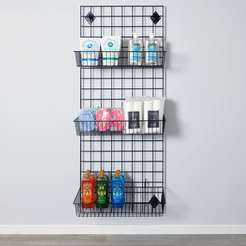 Black 5ft Wall-Mounted Grid Mesh Display with 3 x Wire Baskets