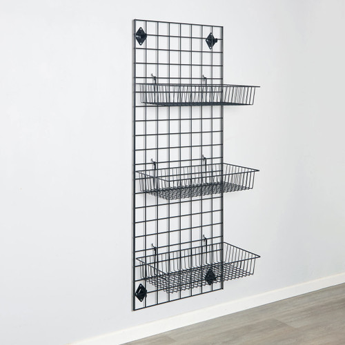 Black 5ft Wall-Mounted Grid Mesh Display with 3 x Wire Baskets