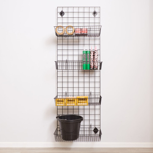 Black 6ft Wall-Mounted Grid Mesh Display with 4 x Wire Baskets