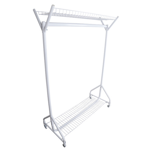 Gloss White 4ft Heavy-Duty Clothes Rail With Top and Bottom Shelf