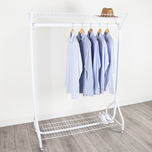 Gloss White 4ft Heavy-Duty Clothes Rail With Top and Bottom Shelf