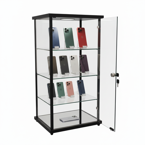 Black Countertop Showcase Display Cabinet with 3 Glass Shelves and Light