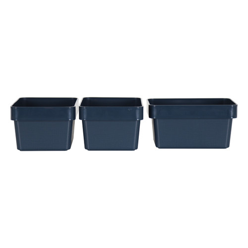 3 x Blue Linen Texture Small Storage Baskets