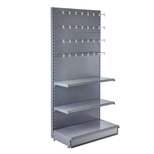 Trade & Exhibition Stand - Silver Retail Shelving Wall Unit - Perforated Back Panels with 32 Hooks - H2100mm