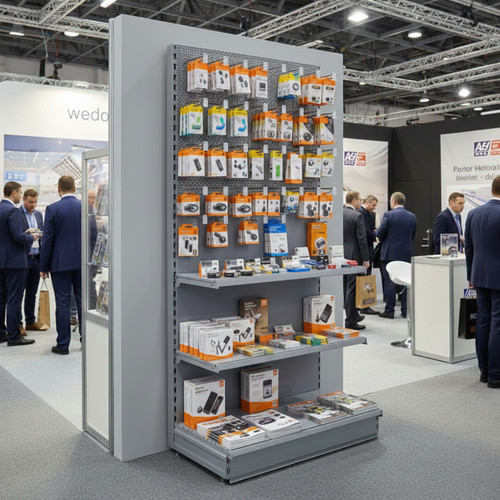 Trade & Exhibition Stand - Silver Retail Shelving Wall Unit - Perforated Back Panels with 32 Hooks - H2100mm