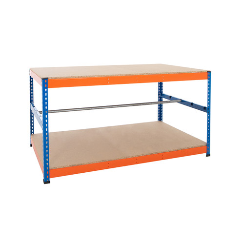 Blue & Orange Workbench With Reel Bar & 2 x Chipboard Shelves - Up To 400kg UDL