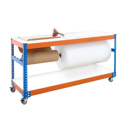 Mobile Blue & Orange Workbench With Reel Bar & 2 x Melamine Shelves - Up To 300kg UDL