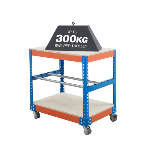 Mobile Blue & Orange Storage Rack With 2 Reel Bars & 2 x Chipboard Shelves - Up To 300kg UDL