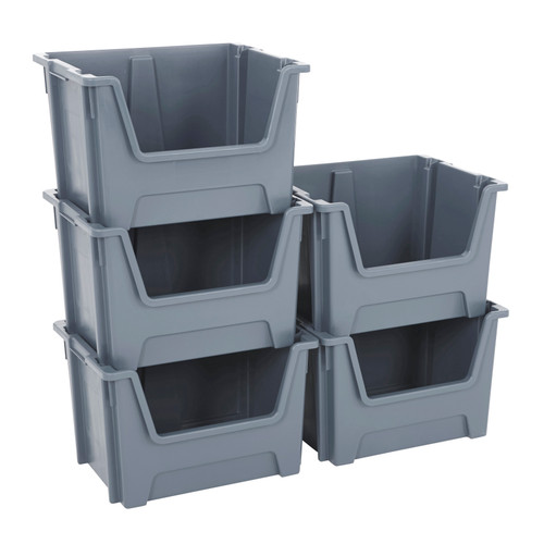 Pack of 5 Large Recycled Plastic Stackable Part Bins - Grey