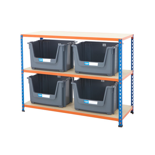 Multipurpose Shelving With 4 x Large Grey Plastic Part Bins - H915 x W1220x D455mm