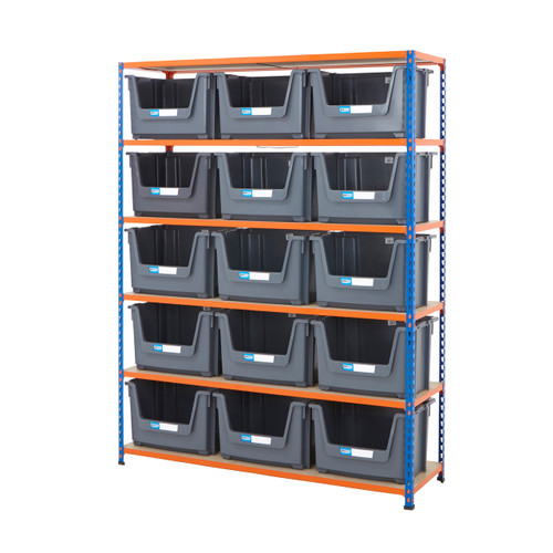 Multipurpose Shelving With 15 x Large Grey Plastic Part Bins - H1980 x W1525 x D455mm