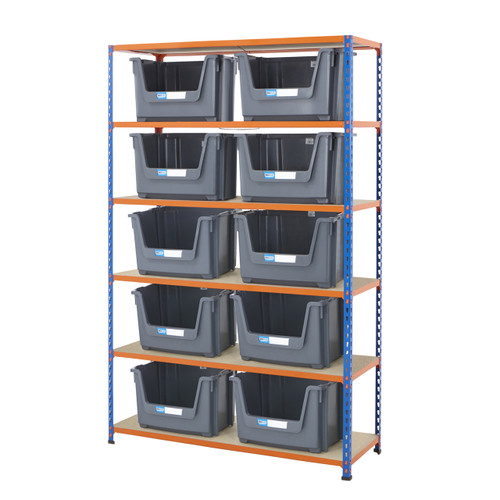 Multipurpose Shelving With 10 x Large Grey Plastic Part Bins - H1980 x W1220 x D455mm