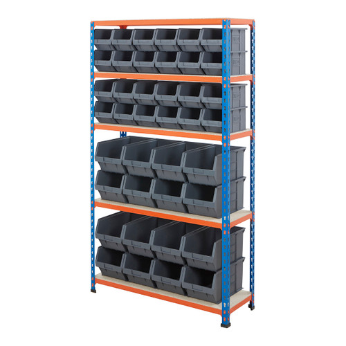 Multipurpose Shelving With 40 x Grey Plastic Part Bins - H1600 x W915 x D305mm