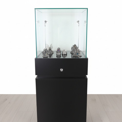 Halo Black Glass Display Tower Showcase Plinth with Lockable Cupboard