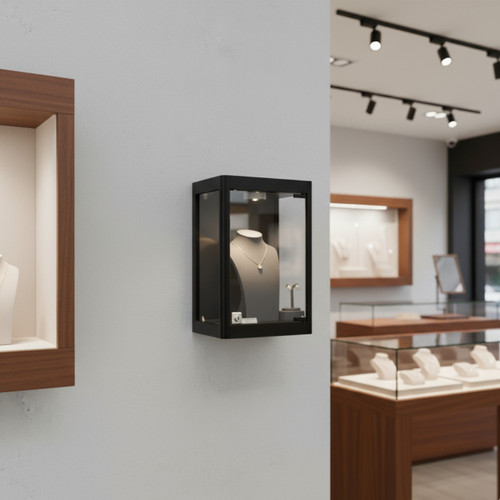 Halo Black Mini Wall-Mounted Glass Showcase With or Without Remote Control Light