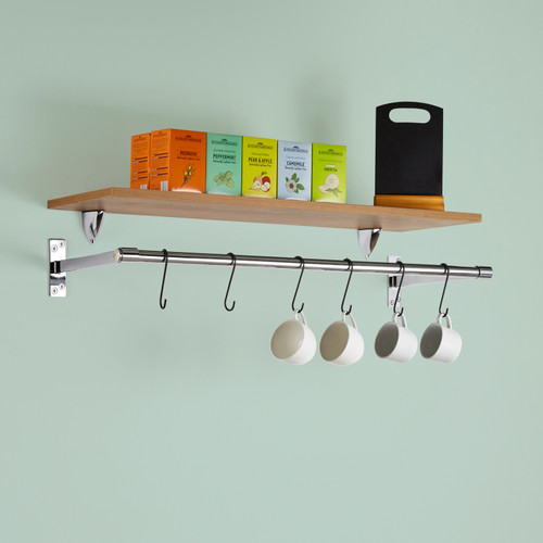 Oak Wall-Mounted Wooden Shelf with Hanging Rail