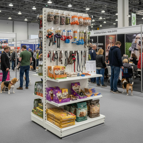 Trade & Exhibition Stand - Jura White Retail Shelving Wall Unit - Perforated Back Panels with 32 Hooks - H2100mm