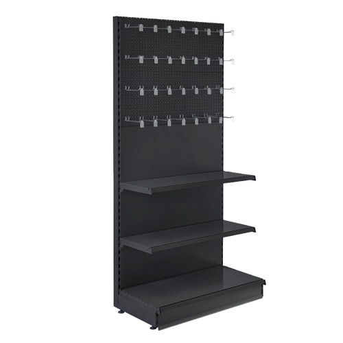 Trade & Exhibition Stand - Black Retail Shelving Wall Unit - Perforated Back Panels with 32 Hooks - H2100mm