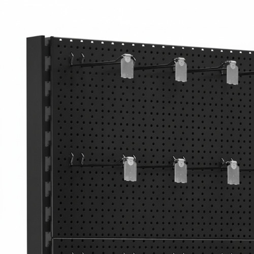Trade & Exhibition Stand - Black Retail Shelving Wall Unit - Perforated Back Panels with 32 Hooks - H2100mm