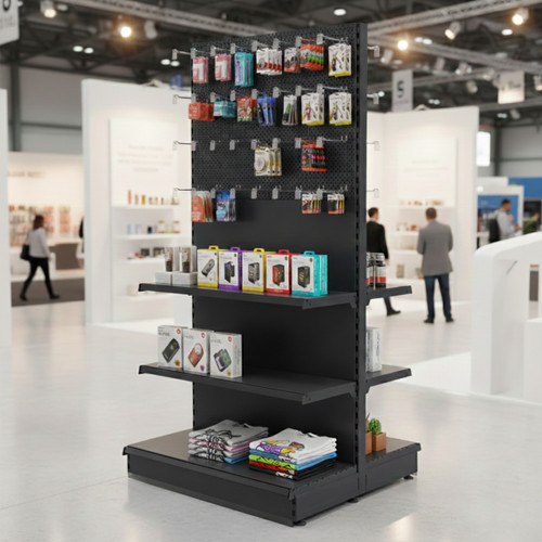 Trade & Exhibition Stand - Black Retail Shelving Wall Unit - Perforated Back Panels with 32 Hooks - H2100mm
