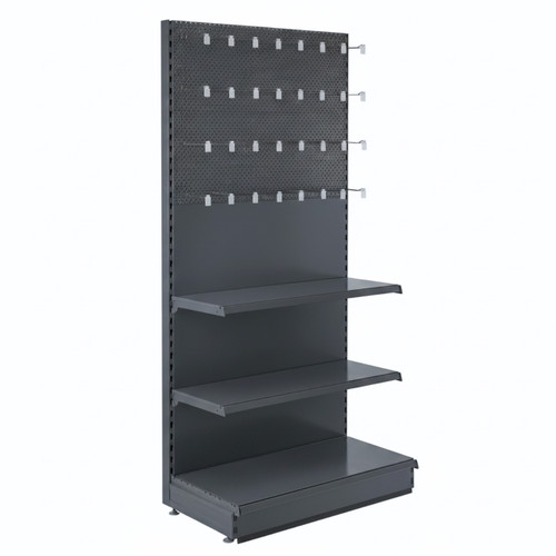 Trade & Exhibition Stand - Dark Grey Retail Shelving Wall Unit - Perforated Back Panels with 32 Hooks - H2100mm
