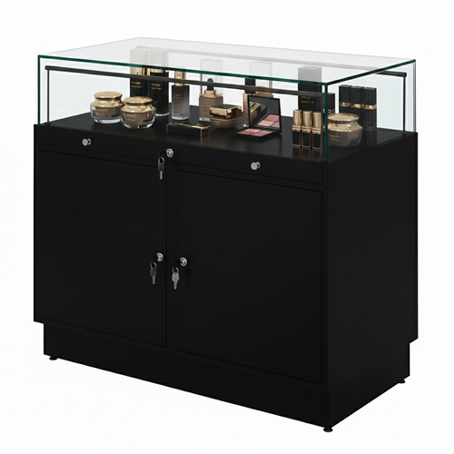 Halo Black Glass Display Showcase Counter with 2 Lockable Cupboards