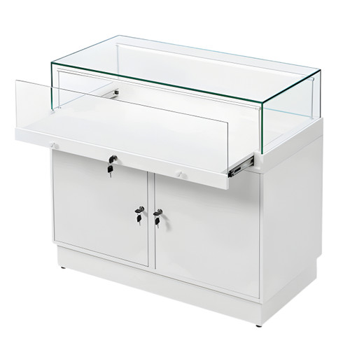 Halo White Glass Display Showcase Counter with 2 Lockable Cupboards