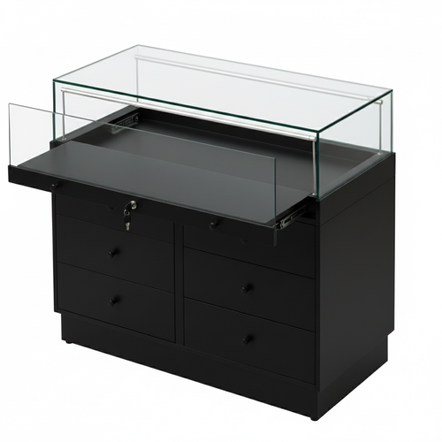 Halo Black Glass Display Showcase Counter with 6 Drawers