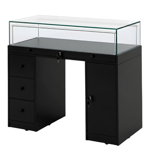 Halo Black Glass Display Showcase Counter with Narrow Lockable Cupboard & 3 Drawers