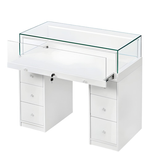 Halo White Glass Display Showcase Counter with 6 Narrow Drawers