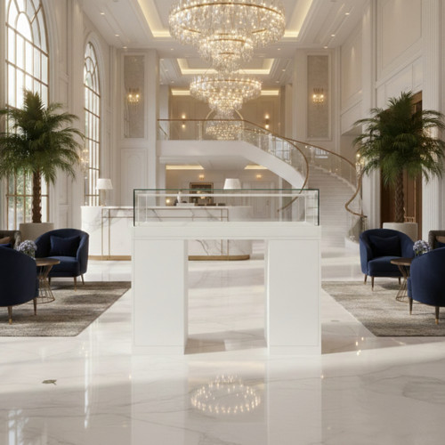 Halo White Glass Display Showcase Counter with 6 Narrow Drawers