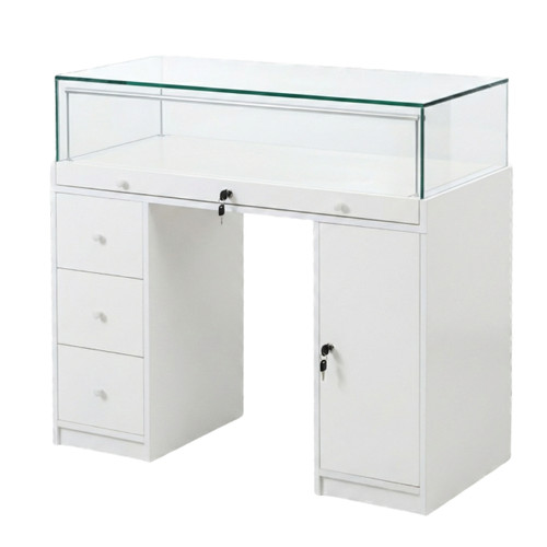 Halo White Glass Display Showcase Counter with Narrow Lockable Cupboard & 3 Drawers