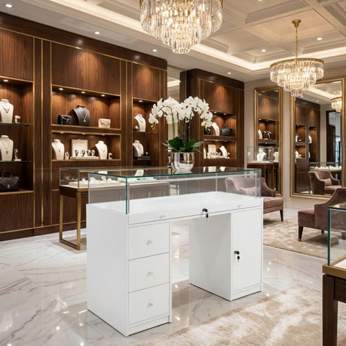 Halo White Glass Display Showcase Counter with Narrow Lockable Cupboard & 3 Drawers