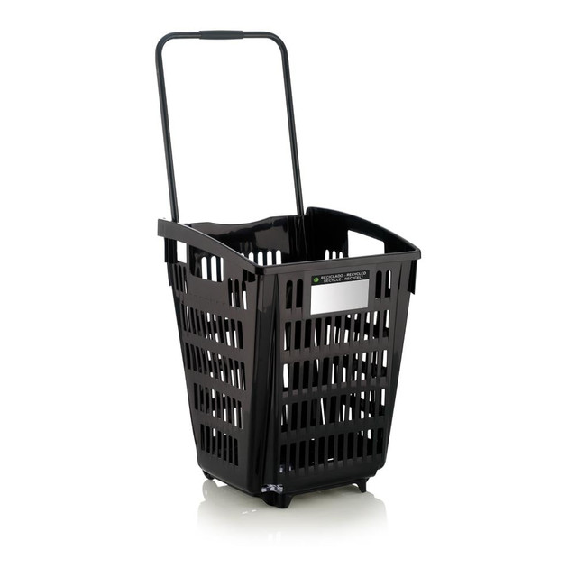 Black Plastic Shopping Basket With Wheels And Telescopic Handle 52L