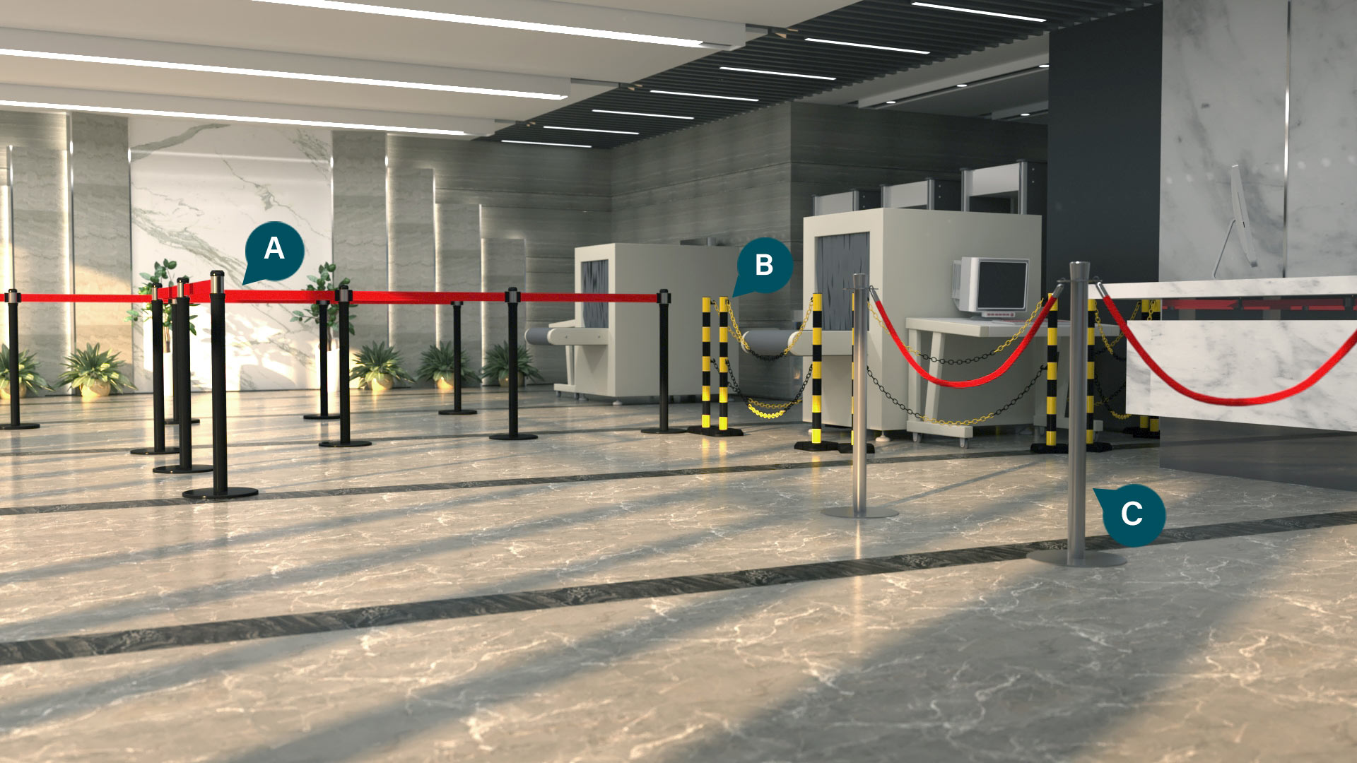 CGI image of a queuing system with labelled recommended products