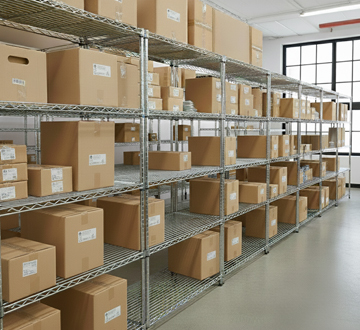 Freestanding chrome wire shelving with white and black boxes inside of it.