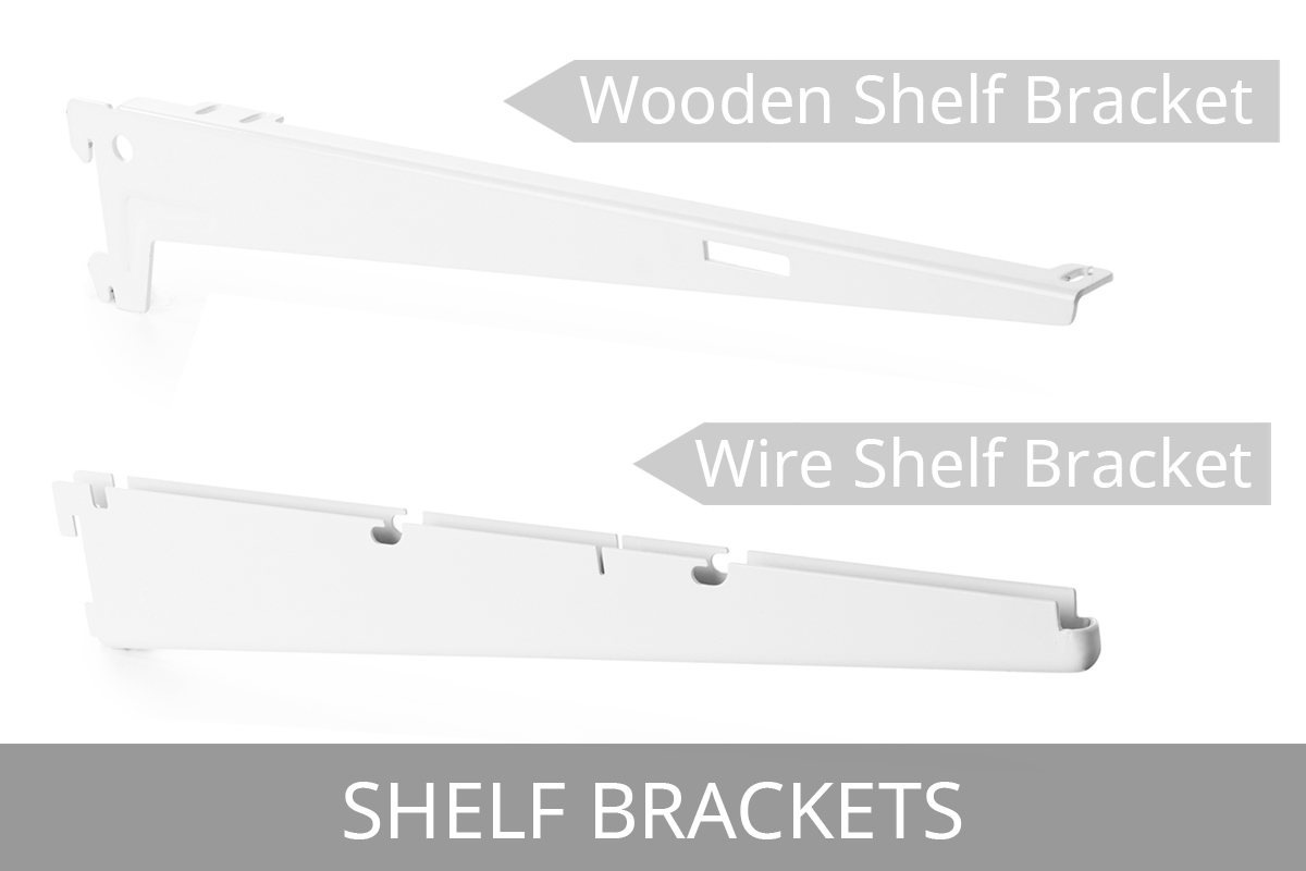 Wooden and wire shelf bracket components