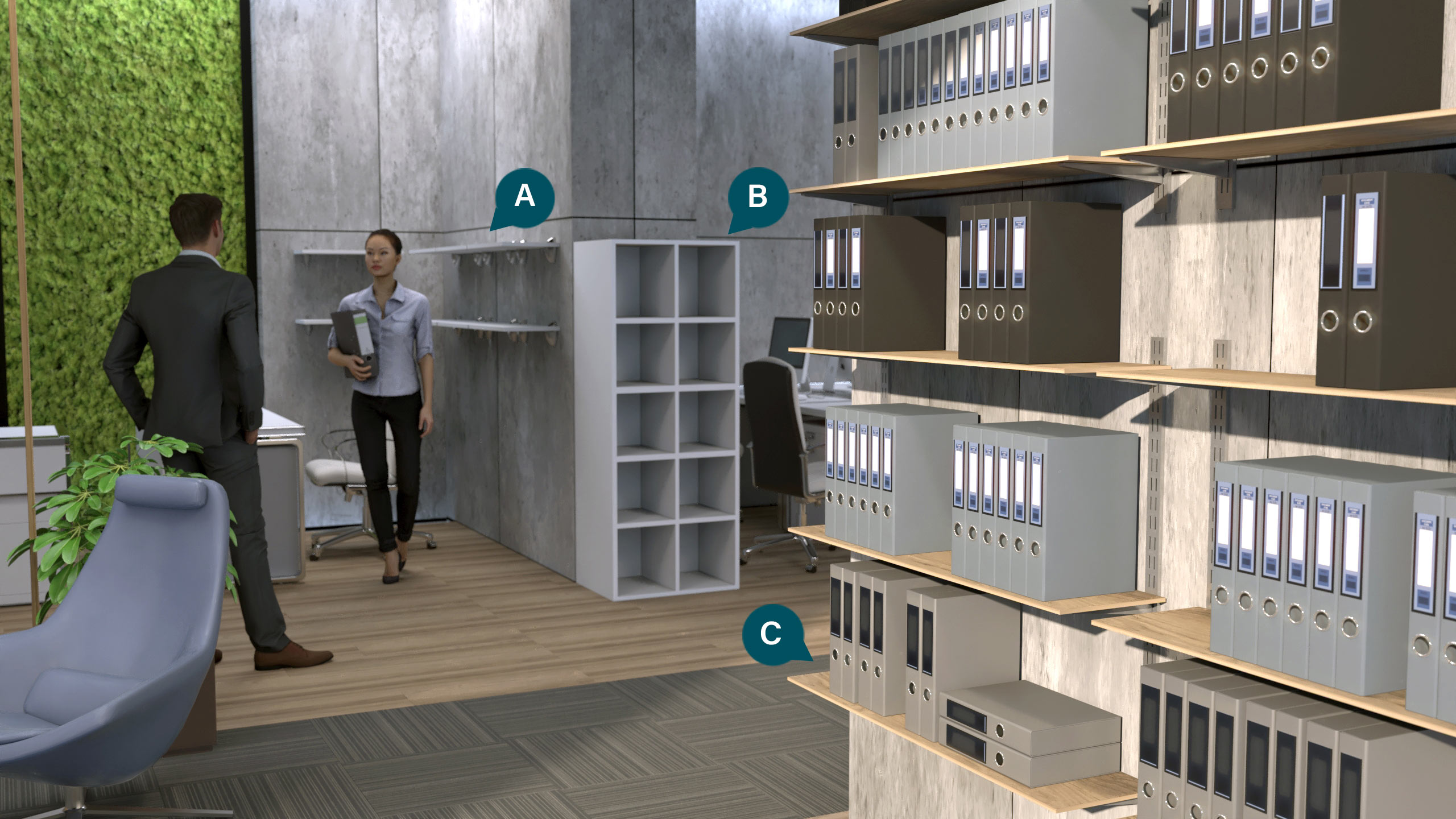 CGI office image with labelled recommended products