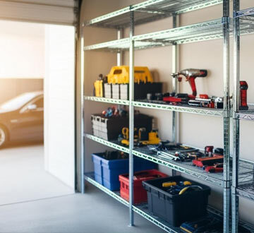 Freestanding chrome wire shelving with white and black boxes inside of it.