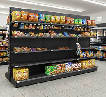 Shelfs in a convience store, lined up with products.