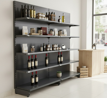 Shelfs in a convience store, lined up with products.