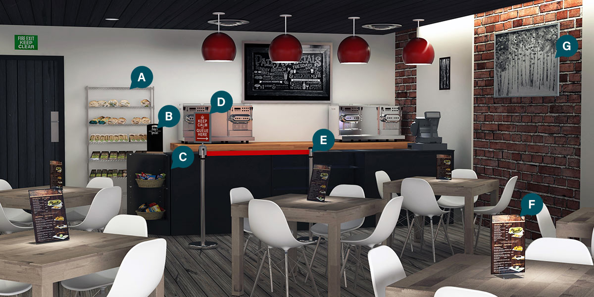 Cafe or coffee shop scene showing labelled recommended products