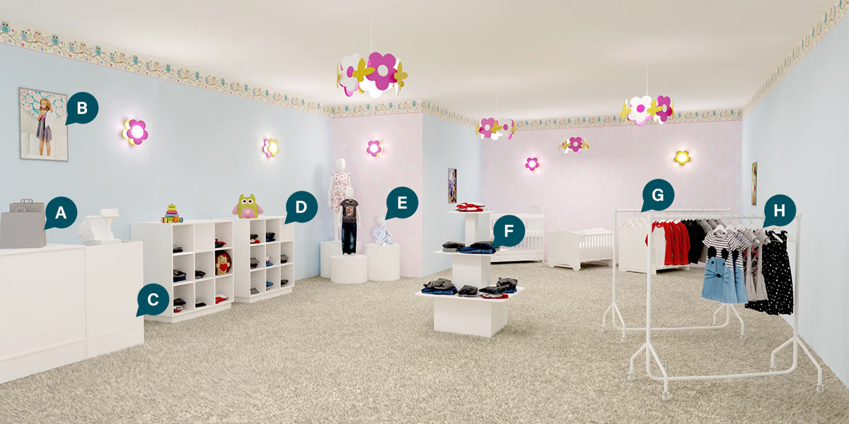 Kids clothing shop CGI with labelled recommended products