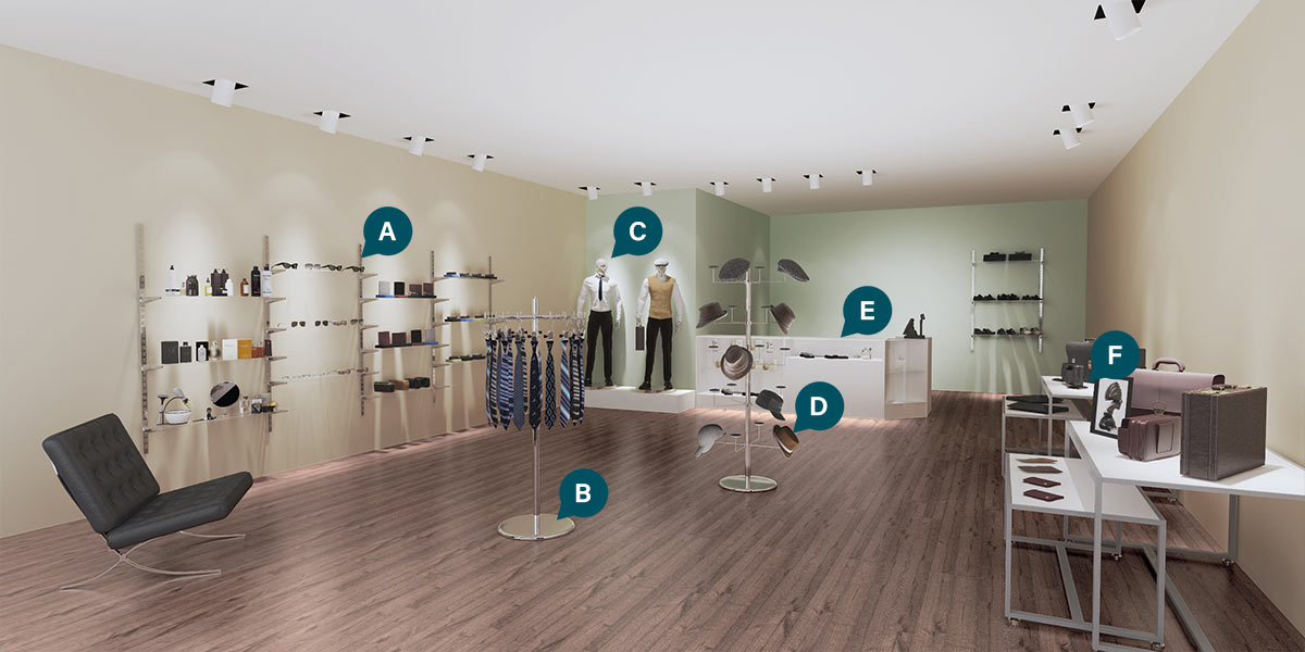 Mens clothing shop CGI with labelled recommended products